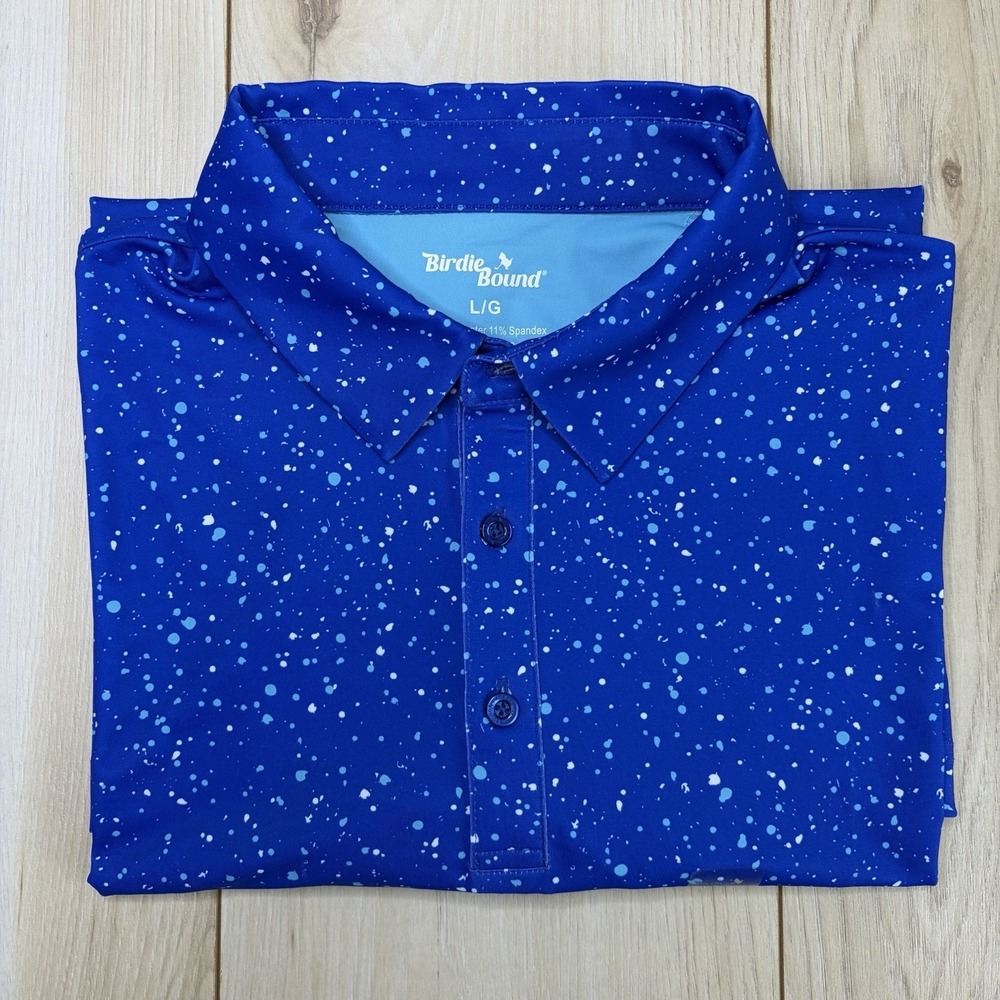 NEW Birdie Bound Polo Shirt Mens Large Blue Splatter Print Golf Performance